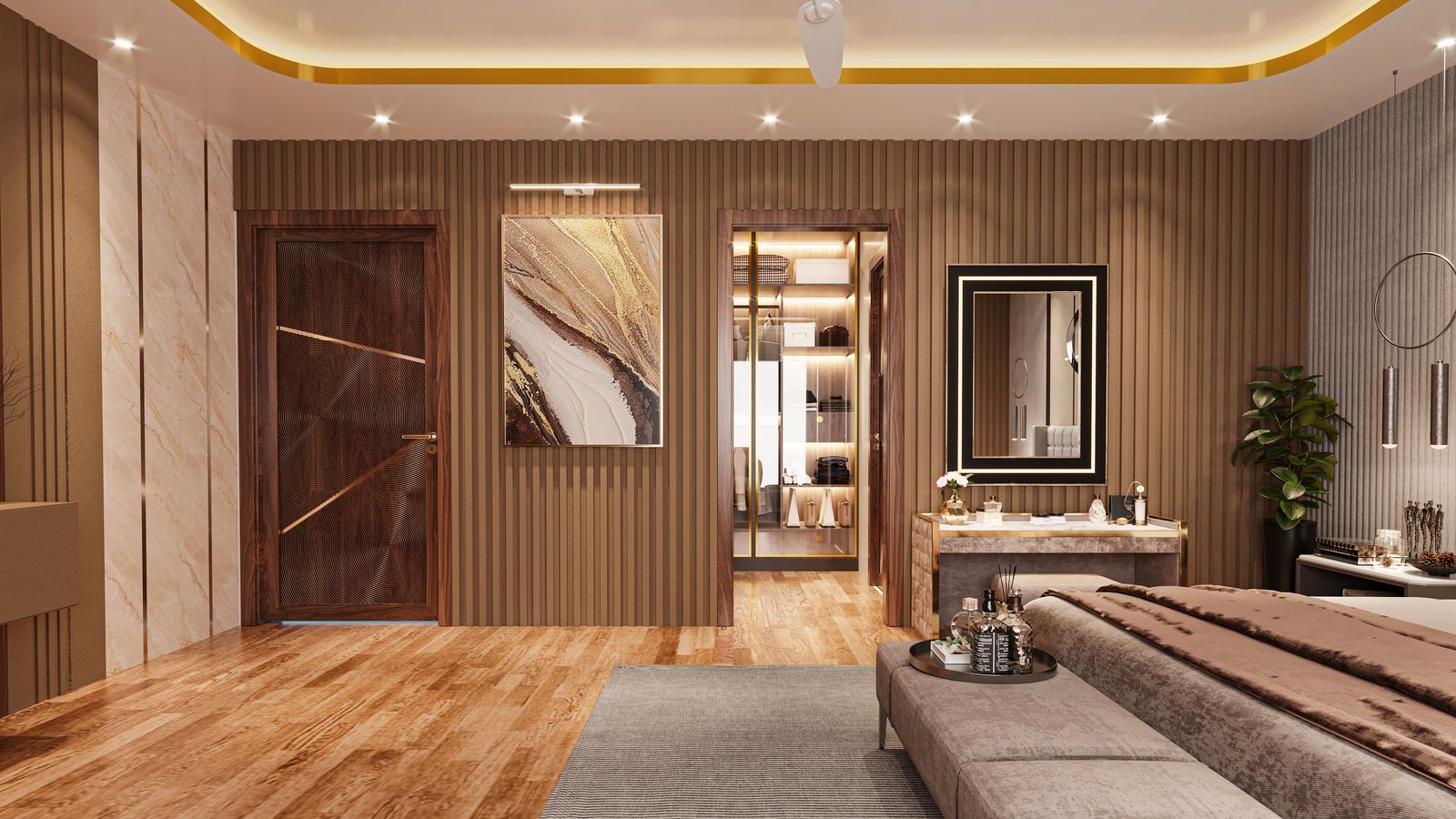 A bedroom with wood slat feature walls behind the bed