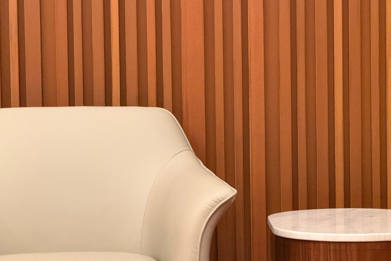 Close-up of warm wood slat profiles
